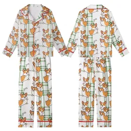 Corgi Lovers' Whimsical Ginger Orange Cream Corgi Stack Flat Art Forest Green Tartan Pattern Kid Satin Pajamas Set