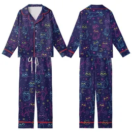 Whimsical Cat Lovers' Vivid Neon Black Cat All-Over Pattern Indigo Starry Sky Kid Satin Pajamas Set