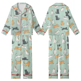 Cat Lovers' Playful Hand-Drawn Cartoon Cats Light Mint Green Pattern with White, Tabby, Calico, Charcoal Felines Kid Satin Pajamas Set