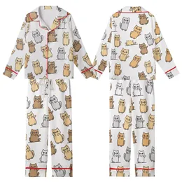 Cat Lovers' Kawaii Cartoon Cats All Over Print White Tan Grey Orange Brown Playful Pattern Kid Satin Pajamas Set