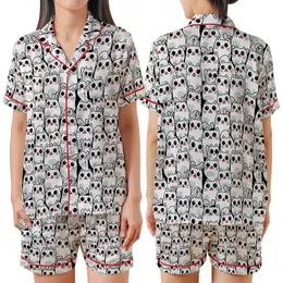 Cat Lovers' Charming White Cartoon Cats Black All-Over Playful Pattern Pink Noses Satin Short-Sleeve Pajamas Set