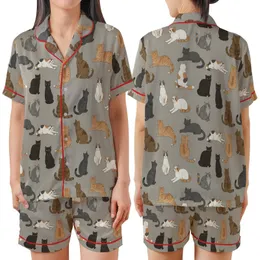Cat Lovers' Illustrative Semi-Realistic Scattered Domestic Cat Natural Fur Greige-Taupe Pattern Satin Short-Sleeve Pajamas Set