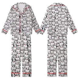 Cat Lovers' Charming White Cartoon Cats Black All-Over Playful Pattern Pink Noses Kid Satin Pajamas Set