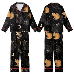 Cat Lovers' Whimsical Black Orange Tabby Cats Celestial Night Sky All-Over Print, Golden Eyes, Pale Yellow Moon, Hand-Drawn Stars Kid Satin Pajamas Set