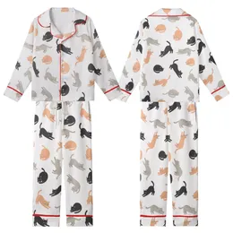 Cat Lovers' All-Over Playful Cartoon Cats Flat Graphic Design White Background Pastel Accents Kid Satin Pajamas Set