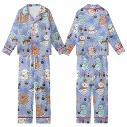 Whimsical Animal & Sushi Lovers' Cartoon Pastel Pink Blue Periwinkle Tropical Sushi Picnic Palm Pattern Kid Satin Pajamas Set