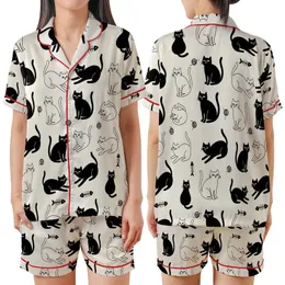 Cat Lovers' Whimsical Black Cat Silhouette & Outline Seamless Pattern with Yarn Balls on Creamy Off-White Satin Short-Sleeve Pajamas Set