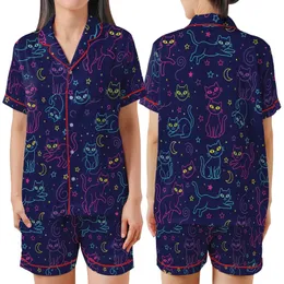 Whimsical Cat Lovers' Vivid Neon Black Cat All-Over Pattern Indigo Starry Sky Satin Short-Sleeve Pajamas Set