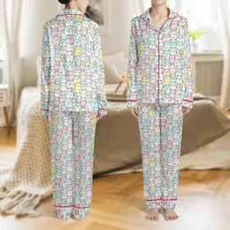 Cat Lovers' Cheerful Hand-Drawn Pastel Pink Blue Peach Cat Dense Pattern White Satin Pajamas Set