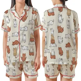 Cat Lovers' Whimsical Sweet Cartoon Cats Playful Scattered Repeating Cream Pattern Satin Short-Sleeve Pajamas Set
