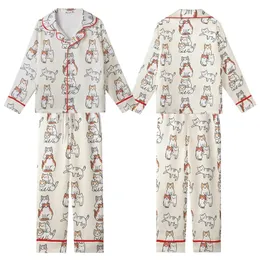 Cat Lovers' Whimsical Sweet Cartoon Cats Playful Scattered Repeating Cream Pattern Kid Satin Pajamas Set