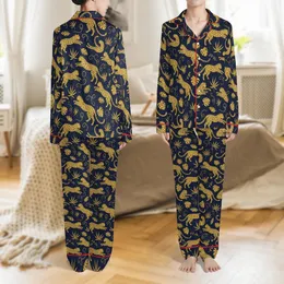 Women's Golden Leopard & Jungle Foliage Print Satin Button-Up Cardigan & Pant Sleep Set Satin Pajamas Set