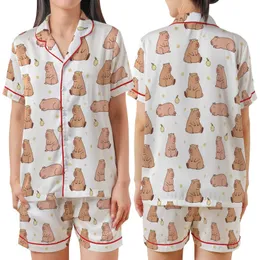 Whimsical Animal Lovers' Blush Pink Light Brown Capybara-like Pattern with Pale Yellow Flower Crowns Satin Short-Sleeve Pajamas Set