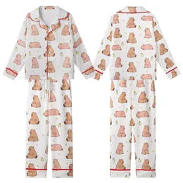 Whimsical Animal Lovers' Blush Pink Light Brown Capybara-like Pattern with Pale Yellow Flower Crowns Kid Satin Pajamas Set