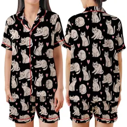 Cat Lovers' Charming Black Pink Beige Cartoon Cat Heart Hand-Drawn Seamless Pattern Satin Short-Sleeve Pajamas Set