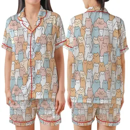 Cat Lovers' Adorable Hand-Drawn Cartoon Cats Pattern Soft Peach Pastel Pink Sky Blue Doodle Art Satin Short-Sleeve Pajamas Set