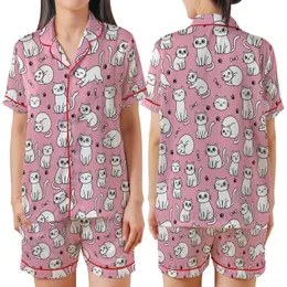 Cat Lovers' Vibrant Bubblegum Pink Whimsical White Cartoon Cat Pattern with Black Outlines & Paw Prints Satin Short-Sleeve Pajamas Set