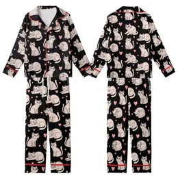Cat Lovers' Charming Black Pink Beige Cartoon Cat Heart Hand-Drawn Seamless Pattern Kid Satin Pajamas Set