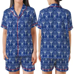 Art Deco Enthusiasts' Rich Royal Blue Elegant Abstract Geometric Seamless Pattern with White Fan Arch Motifs Satin Short-Sleeve Pajamas Set