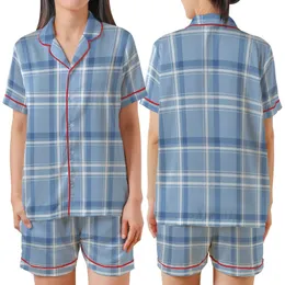 Women's Beginner Pale Blue Tartan Plaid Pajama Pants Sewing Pattern Satin Short-Sleeve Pajamas Set