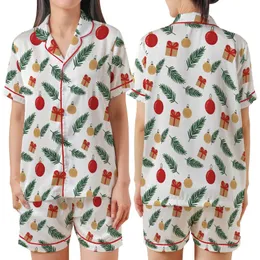 Christmas Pajamas: Classic Illustrative Evergreen Ornaments Gift Box White Sleep Set Satin Short-Sleeve Pajamas Set