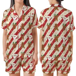 Whimsical Holiday Design: Cream Candy Cane Stripe Reindeer Santa Gingerbread All-Over Print Satin Short-Sleeve Pajamas Set