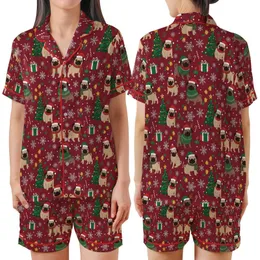 Pug Lover's Merry Pugmas Santa Dog Christmas Tree Print Pajamas Set Satin Short-Sleeve Pajamas Set