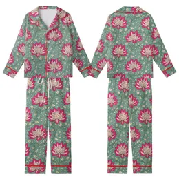 Women's Indian Block Print Sleep Set: Fuchsia Lotus & Olive Vine on Teal Cotton Loungewear Kid Satin Pajamas Set