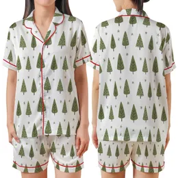 Cozy Winter Style: Whimsical Olive Forest Seamless Pattern - Hand-Drawn Evergreen Textile Art Satin Short-Sleeve Pajamas Set