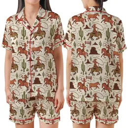 Western Enthusiast Vintage Hand-Drawn Rodeo Scene Bucking Bronco Roping Cowboy Desert Pattern Wearable Art Satin Short-Sleeve Pajamas Set