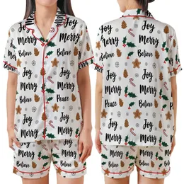 Whimsical Holiday Pattern: Joy Peace Merry Believe Text & Pinecone Holly Art - Seamless Vector Print Satin Short-Sleeve Pajamas Set