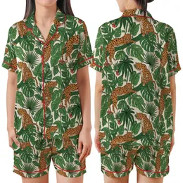 Safari Aesthetic: Hand-Drawn Lounging Leopards Tropical Jungle Repeat Pattern Satin Short-Sleeve Pajamas Set