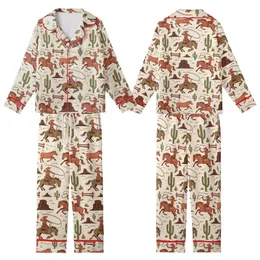 Western Enthusiast Vintage Hand-Drawn Rodeo Scene Bucking Bronco Roping Cowboy Desert Pattern Wearable Art Kid Satin Pajamas Set