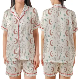 Bohemian Dreamer's: Dusty Rose Moon & Ethereal Dreamcatcher Art Pattern Satin Short-Sleeve Pajamas Set