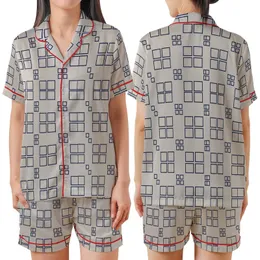 Modern Statement: Abstract Geometric Interlocking Pattern - Navy Grey Beige Wearable Design Satin Short-Sleeve Pajamas Set