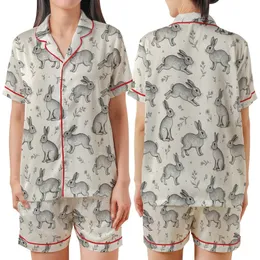 Rabbit Lover's Black & Grey Etched Bunny & Botanical Print Relaxed Comfort Sleep Set Satin Short-Sleeve Pajamas Set