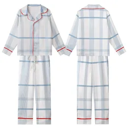 Women's Light Blue Windowpane Plaid Muslin Cotton Summer Lounge Sleepwear Set Kid Satin Pajamas Set