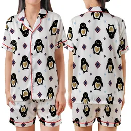 Modern Style Lovers Stylized Minimalist Black Penguin Gold Heart White Background Tartan Plaid Crimson Navy Pattern Satin Short-Sleeve Pajamas Set