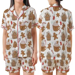 Women's Whimsical Gingerbread Man & Hot Cocoa Festive Poly-Spandex Sleep Set Satin Short-Sleeve Pajamas Set