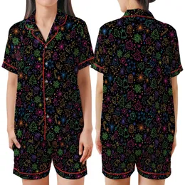 Women's Neon Glow Christmas Pajama Set: Vibrant Festive Pattern with Gingerbread & Starbursts Satin Short-Sleeve Pajamas Set