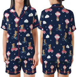 Little Dreamer's Teddy Bear Car & Balloon Journey Fabric Design Satin Short-Sleeve Pajamas Set