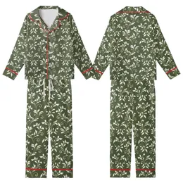 Bridesmaid Wedding Party: Olive Green Botanical Vine White Gold Lined Rayon Sleep Set Kid Satin Pajamas Set