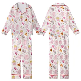 Slumber Party Pajamas: Whimsical Pink Pizza, Popcorn, Sleep Mask & Star Pattern - Cozy Sleepwear Kid Satin Pajamas Set