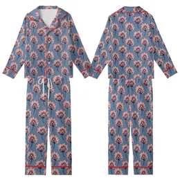 Women's Soft Cotton Pajamas: Dusty Blue Hand Block Print Rose Pink Indigo Floral Motif Kid Satin Pajamas Set