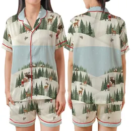 Winter Wonderland Dream: Santa, Deer & Moose Snowy Forest Narrative - Hand-Drawn Storybook Graphic Satin Short-Sleeve Pajamas Set