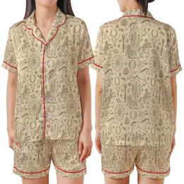 Women's Western Pajama Set: Vintage Galloping Horses & Desert Cactus Art - Poly-Spandex Comfort Satin Short-Sleeve Pajamas Set