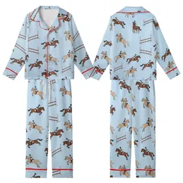 Women's Preppy Horse Pajamas: Colorful Showjumping Equestrian Pattern - Relaxed Fit Sleepwear Pants Kid Satin Pajamas Set