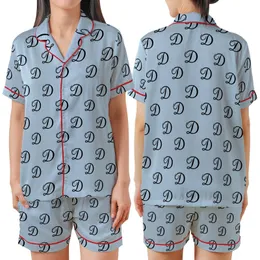 Women's Light Blue Rayon Sleep Tunic - Bridesmaid Elegant Black Script 'D' Pattern Satin Short-Sleeve Pajamas Set