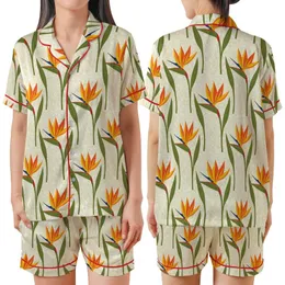 Bridesmaid White Silk Peignoir Pajama Set: Bird of Paradise & Delicate Lace Floral Print Satin Short-Sleeve Pajamas Set