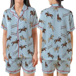 Women's Preppy Horse Pajamas: Colorful Showjumping Equestrian Pattern - Relaxed Fit Sleepwear Pants Satin Short-Sleeve Pajamas Set